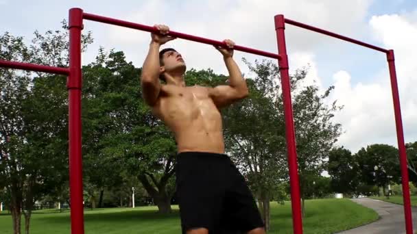 Handsome athletic guy pulls on the bar. Pull ups — Stock Video
