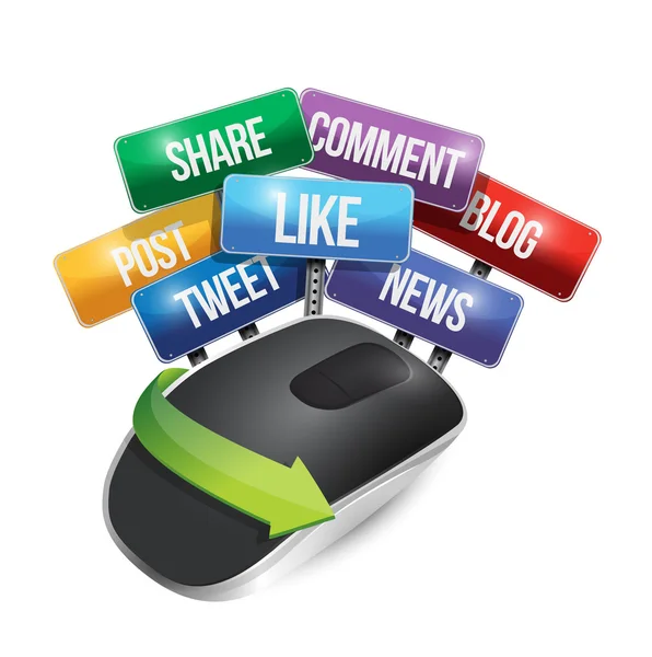 Mouse with social media signs illustration — Stock Photo, Image