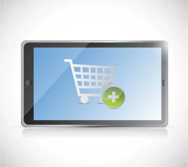 Tableta con un botón de carrito de compras. en línea — Foto de Stock