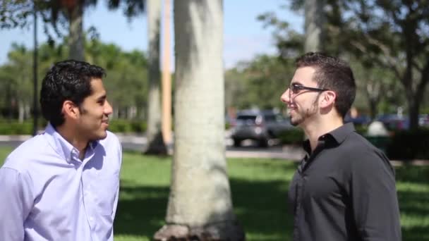 Two businessmen chat outdoors. colleagues friendly discussion — Stock Video