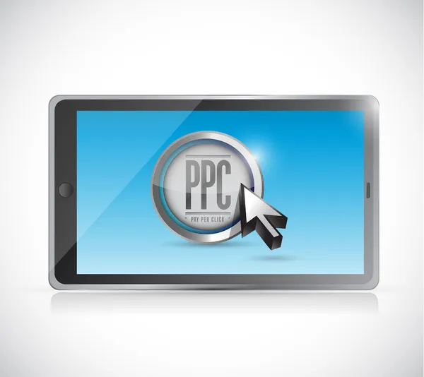 Tableta con botón de pago por clic. concepto ppc — Foto de Stock
