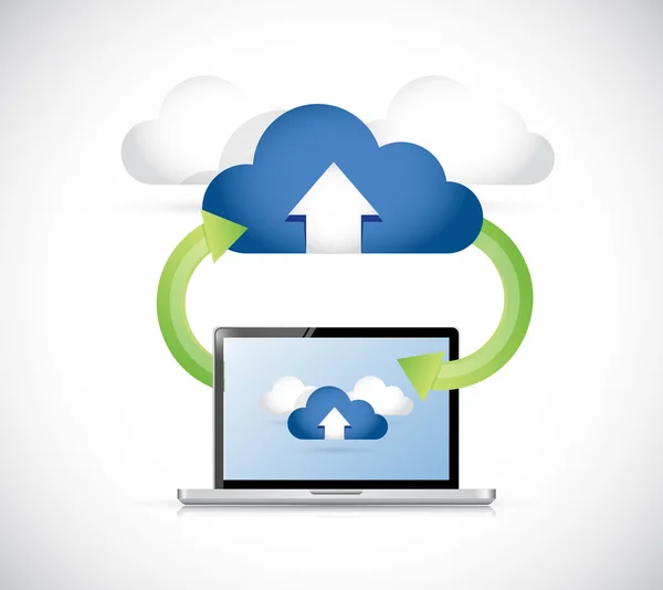 Laptop connected to a set of clouds. arrows — Stock Photo, Image