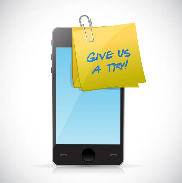 Give us a try post on a phone. illustration design — Stock Photo, Image