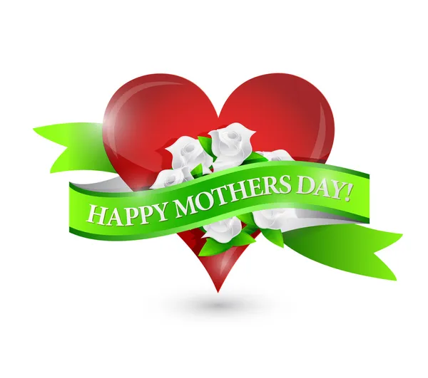 Happy mothers day heart and flowers ribbon sign — Stock Photo, Image