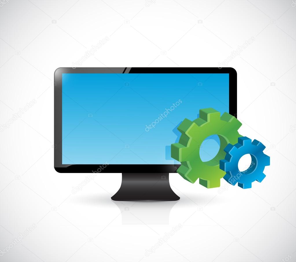 computer screen and industrial symbol gears.