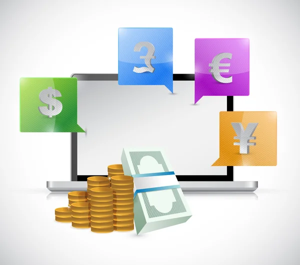 Laptop and currency symbols around — Stock Photo, Image