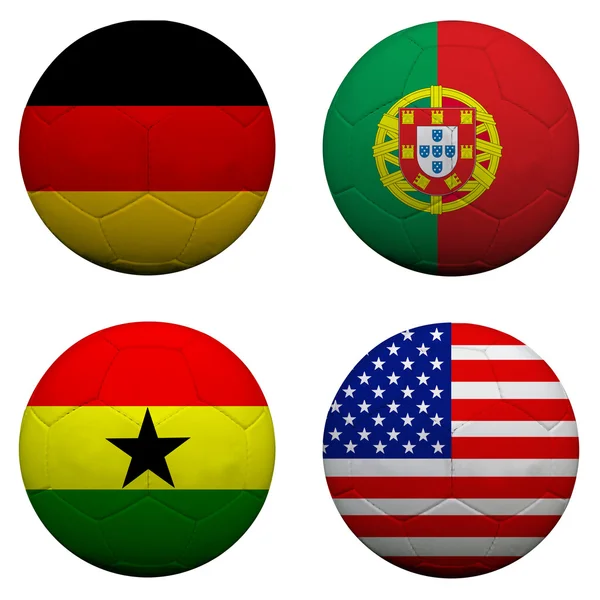 Palloni da calcio 3D con bandiere del gruppo G, Calcio Brasile 2014 . — Foto Stock