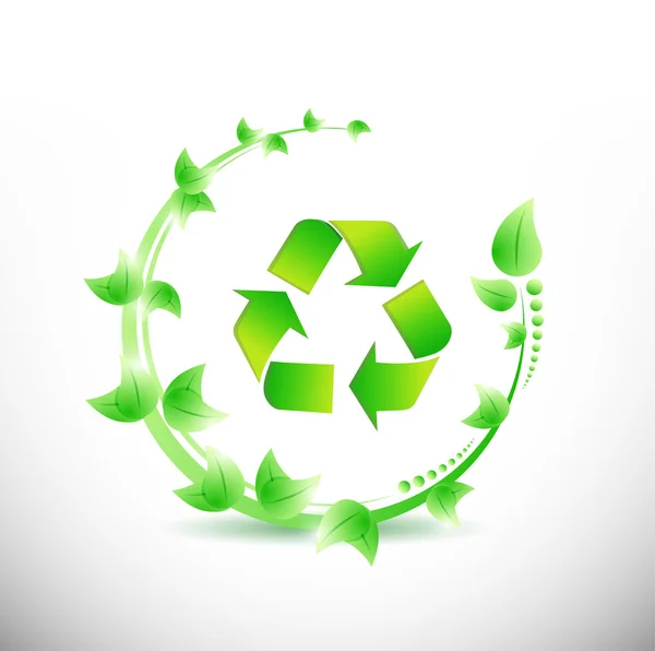 Зелене листя навколо символу переробки. ілюстрація — стокове фото
