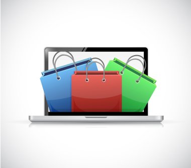 laptop ve alışveriş torbaları illüstrasyon tasarımı