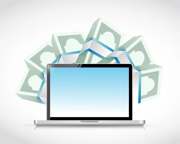 Computador portátil e dinheiro ao redor. Ilustração — Fotografia de Stock