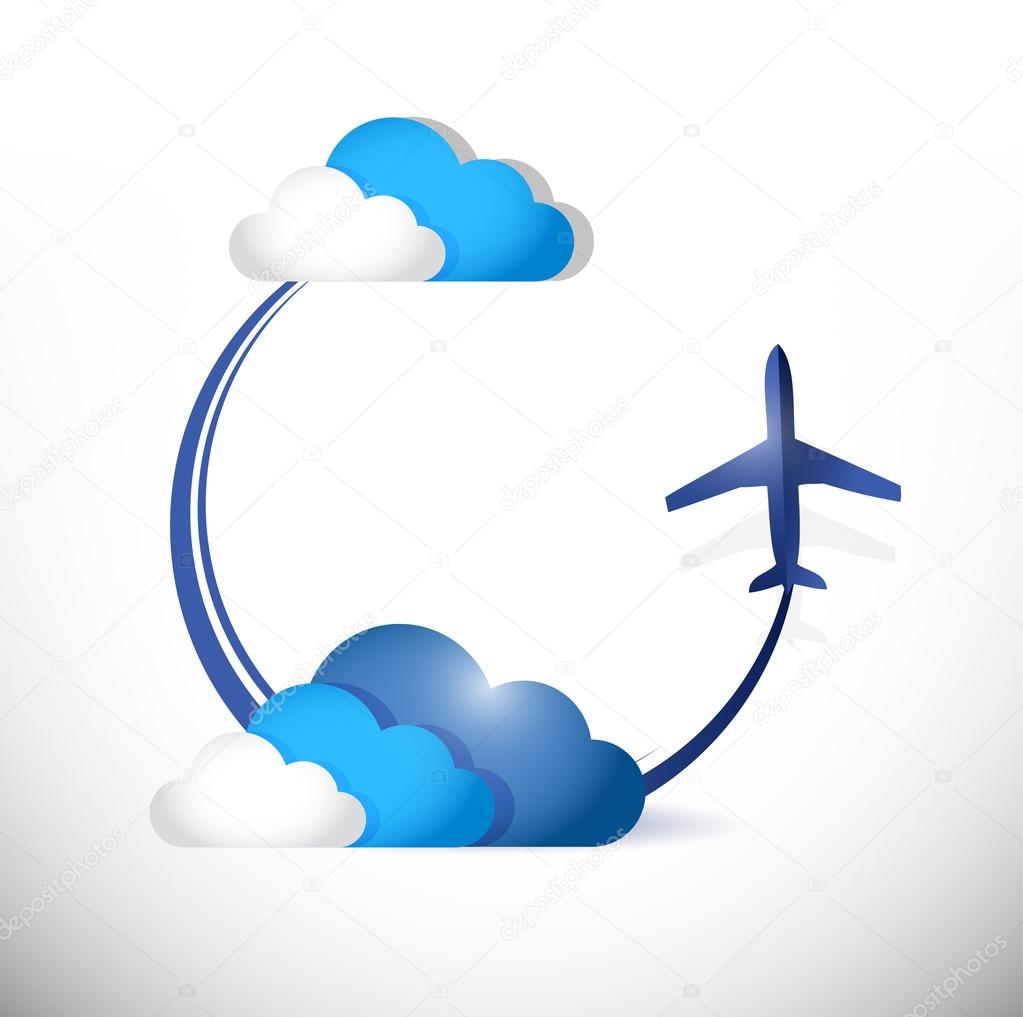 airplane flying path around clouds. illustration