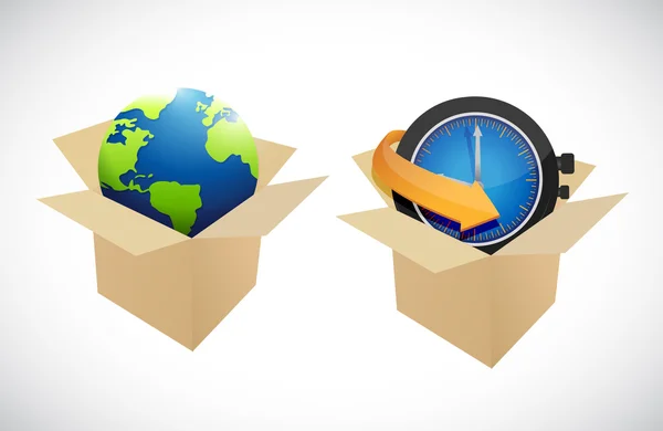 Globe and clock boxes illustration design — Stock Photo, Image