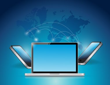 dizüstü bilgisayar ve telefon ağı ve Dünya Haritası.