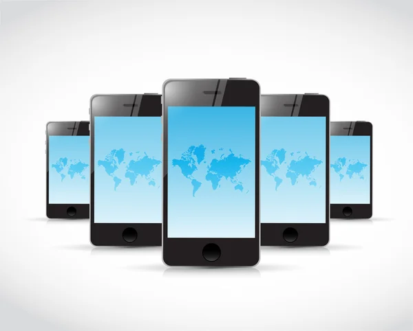 Set of phones and world maps. illustration — Stock Photo, Image