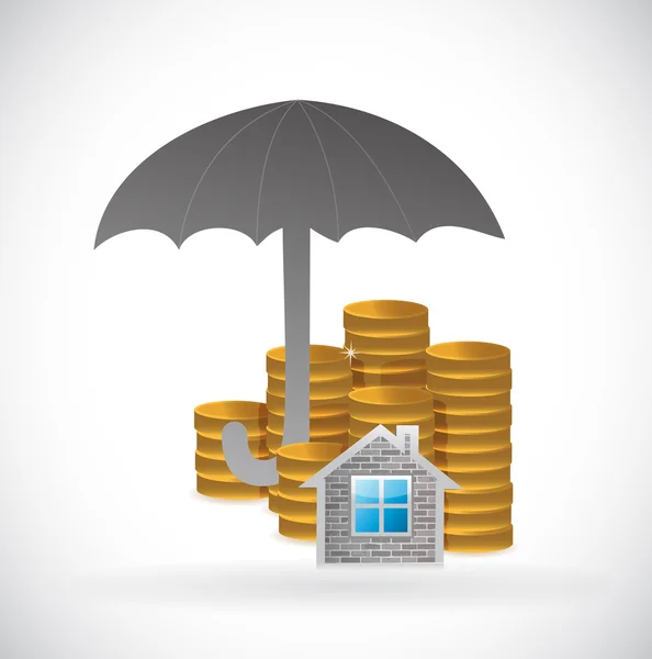 Paraplu en huis en munten onder. — Stockfoto