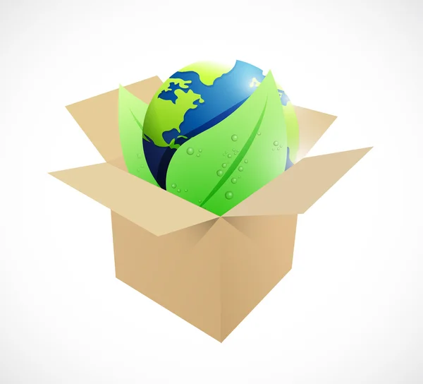 全球和棕色的盒子里的叶子。插图 — 图库照片