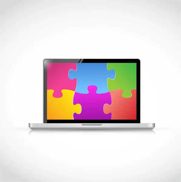 Laptop puzzle pieces tablet screen illustration — Stock Photo, Image