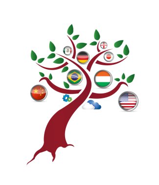 Uluslararası bayrağı ağaç illüstrasyon tasarımı