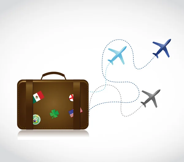 旅行手提箱和飞机航线图 — 图库照片