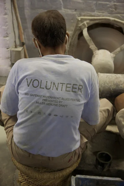 Artesanato vestindo uma camiseta volonteer e trabalhando para Tara, um Fa — Fotografia de Stock