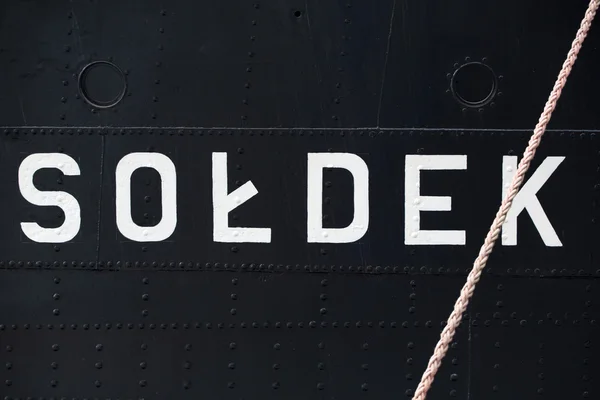 De naam van de boot van de soldek in de oude haven in gdansk — Stockfoto