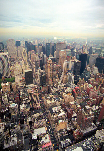 New York City Manhattan skyline aerial view black and white with skyscrapers and street. 1995