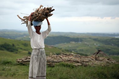 Afrikalı kadın Güney Afrika'da odun taşırken dinlenme