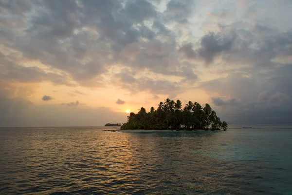 日落、 海洋和椰子坐落岛附近的树木 — 图库照片