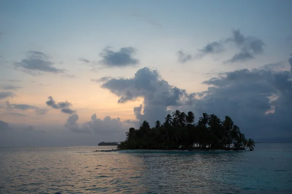 Solnedgången, havet och kokos träd nära paradisiac island — Stockfoto