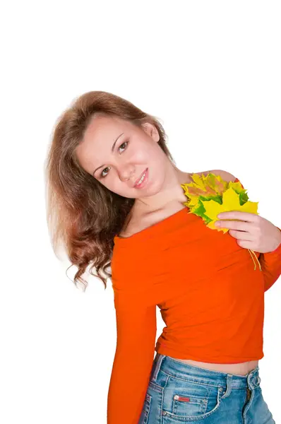 Attractive woman with maple leaves — Stock Photo, Image