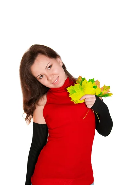 Attractive woman with maple leaves — Stock Photo, Image