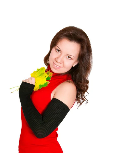 Attractive woman with maple leaves — Stock Photo, Image