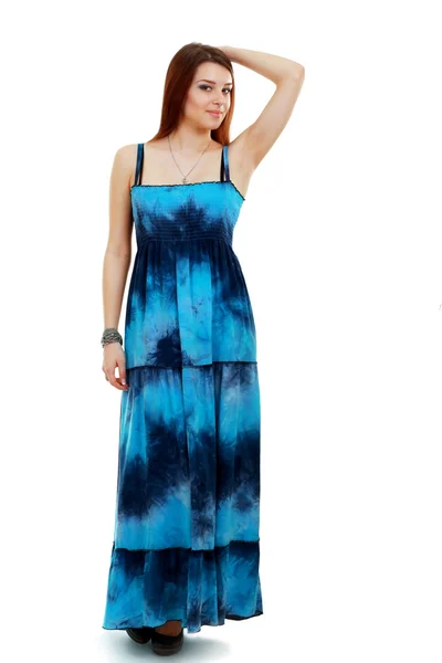 Woman in funky blue dress — Stock Photo, Image