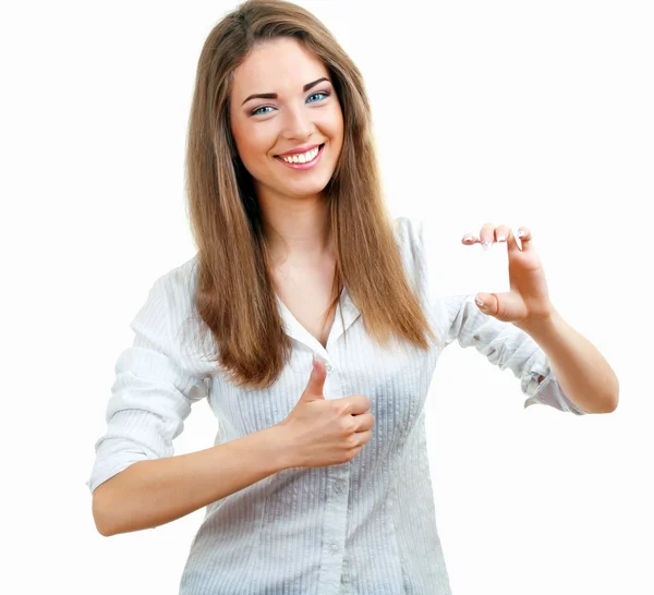 Woman holds card — Stock Photo, Image