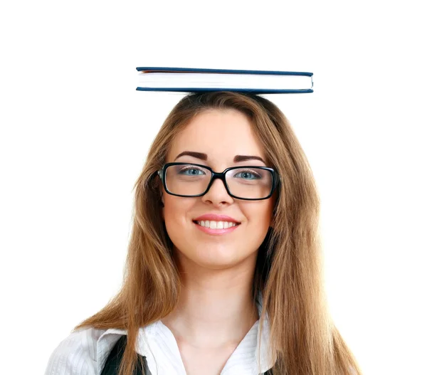 Woman carrying book on her head — Stock Photo, Image