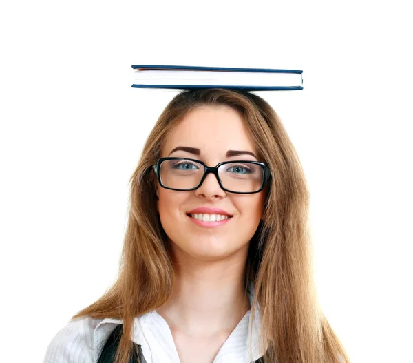 Mujer llevando libro en su cabeza — Foto de Stock