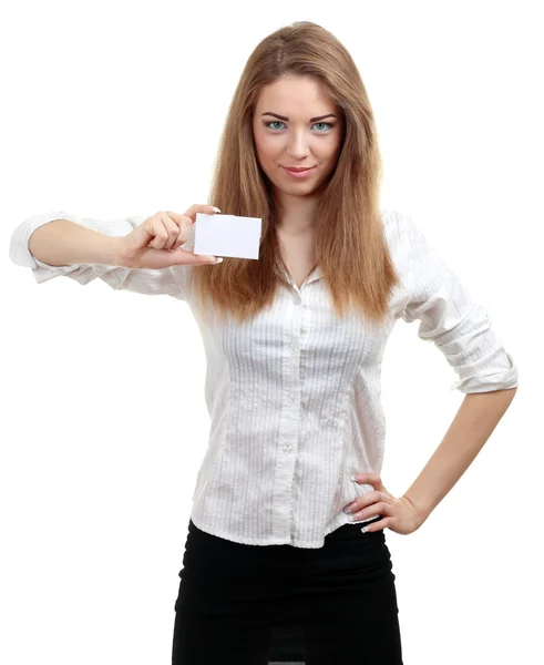 Vrouw houdt uit een visitekaartje — Stockfoto