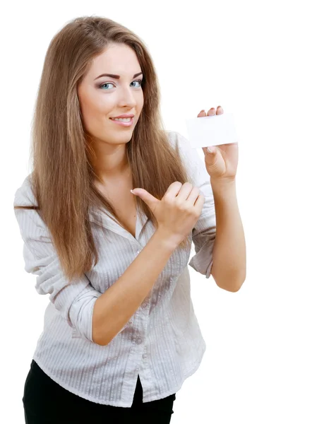 Beautiful woman showing card — Stock Photo, Image