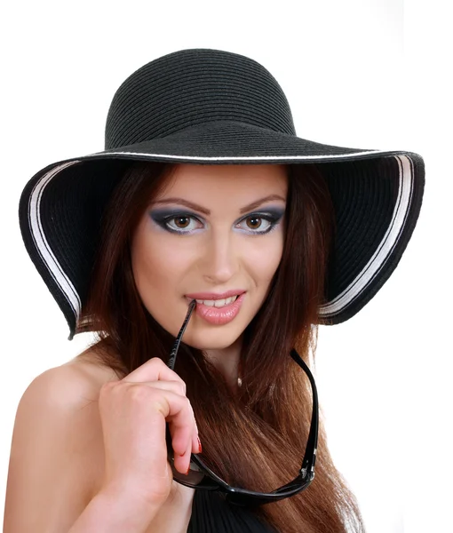 Beautiful brunette woman in hat — Stock Photo, Image