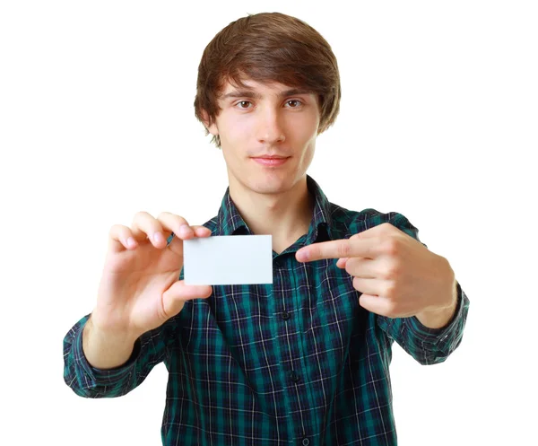 Young smiling man holding blank white card — Stock Photo, Image