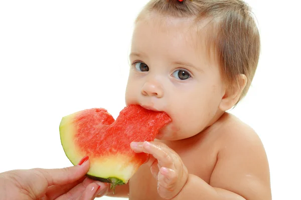 Cute little girl eat watermelon slice — Stock Photo, Image