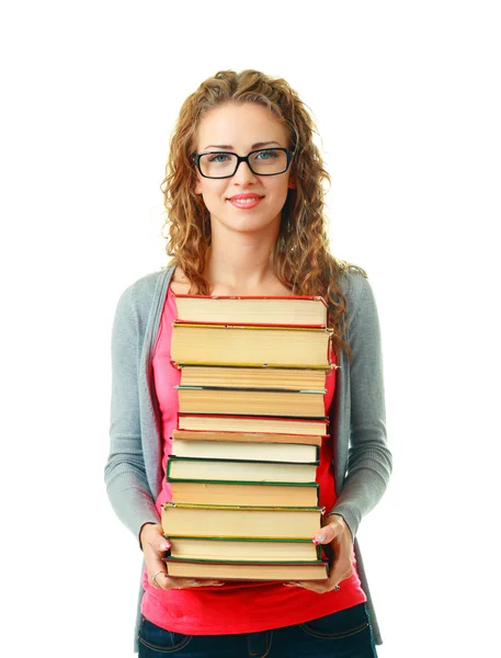 Vrouw in glazen houden boeken — Stockfoto