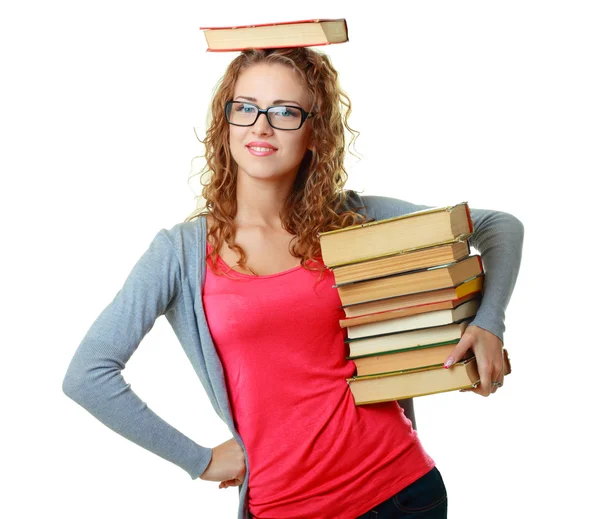 Mulher de óculos segurando livros — Fotografia de Stock