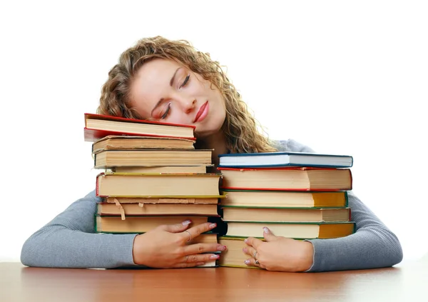 Student tjej sova kramas böcker Royaltyfria Stockfoton