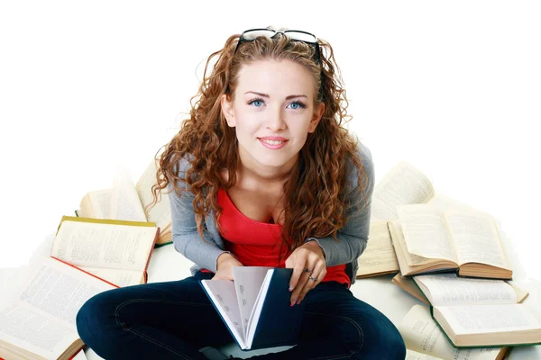 Estudante menina sentado e meditando com livros — Fotografia de Stock