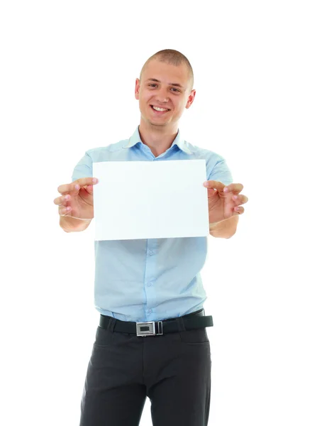 Молодий чоловік тримає порожню картку — стокове фото