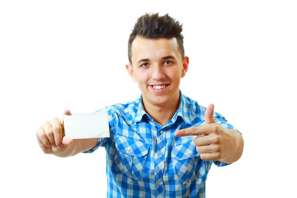 Hombre sosteniendo y mostrando la tarjeta en blanco —  Fotos de Stock