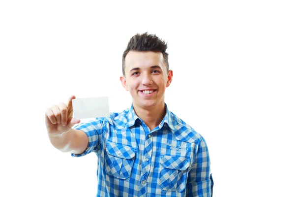 Hombre sosteniendo y mostrando la tarjeta en blanco —  Fotos de Stock