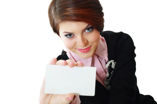 Woman holds card — Stock Photo, Image