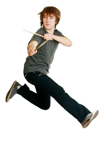 Drummer man jumping — Stock Photo, Image